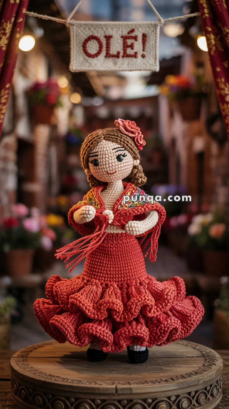 A crocheted flamenco dancer doll wearing a vibrant red dress with ruffled layers, standing on a decorative wooden platform in a colorful alleyway. The doll is adorned with a flower in her hair, and a crocheted banner stating 'OLÉ!' hangs above her.