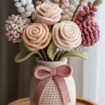 Crocheted flowers in pastel colors arranged in a crocheted vase with a pink bow, placed on a wooden table.