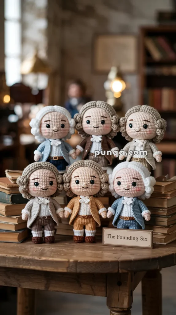 A group of six small crochet dolls dressed in historical attire, reminiscent of early American figures, arranged on a stack of books with a plaque reading "The Founding Six."