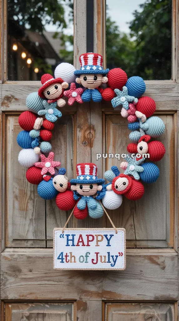 A decorative wreath for the 4th of July, featuring crochet figures and elements in red, white, and blue, with a central character wearing a top hat. Below hangs a sign reading 'HAPPY 4th of July.'