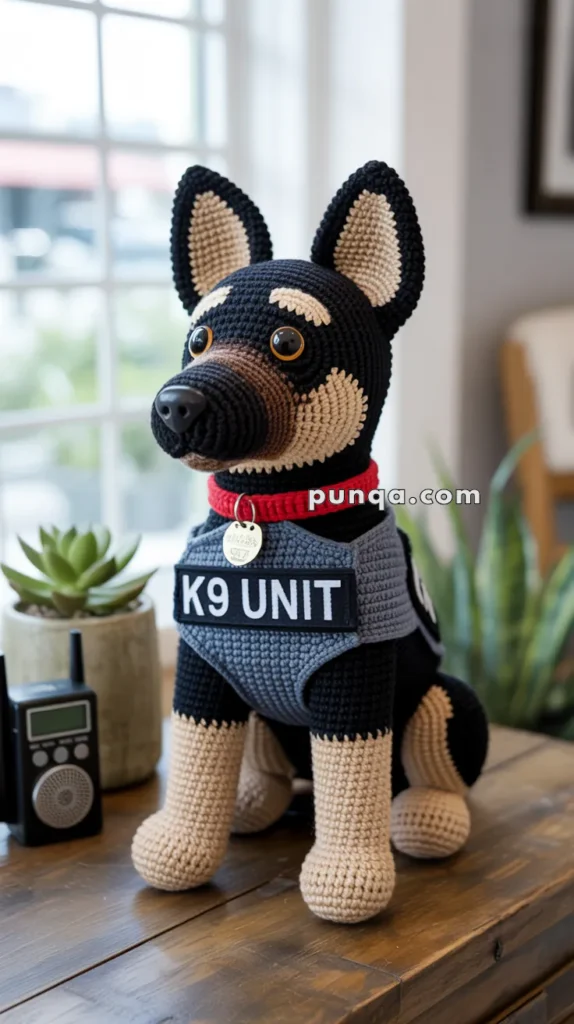 A crocheted plush dog designed to look like a K9 police unit, wearing a red collar and a gray vest with "K9 UNIT" on it, sits on a wooden table beside a small potted plant and a walkie-talkie.