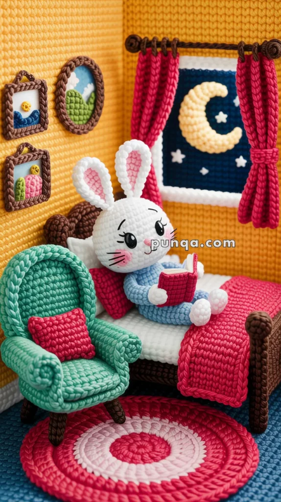 A crocheted bunny sitting on a yarn-covered bed, reading a red book in a cozy, handmade room. The room features a green armchair with a red pillow, a circular red and pink rug, and a window with a crescent moon and stars. The walls are adorned with small yarn-framed pictures.
