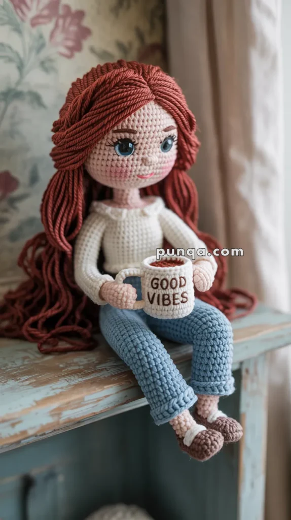A crocheted doll with long, red hair, wearing a white top and blue pants, sitting on a wooden surface while holding a mug labeled 'Good Vibes.'
