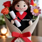 A crocheted doll dressed in a graduation gown and cap, holding a scroll and surrounded by crocheted flowers. The doll is arranged in a bouquet-like setup with a tag that reads 'Happy Graduation.'