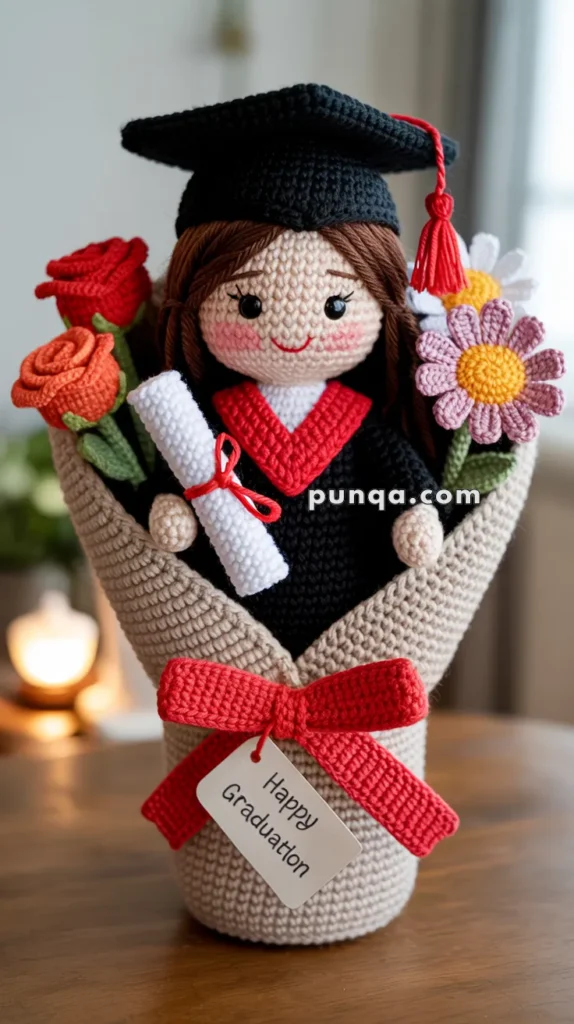 A crocheted doll dressed in a graduation gown and cap, holding a scroll and surrounded by crocheted flowers. The doll is arranged in a bouquet-like setup with a tag that reads 'Happy Graduation.'