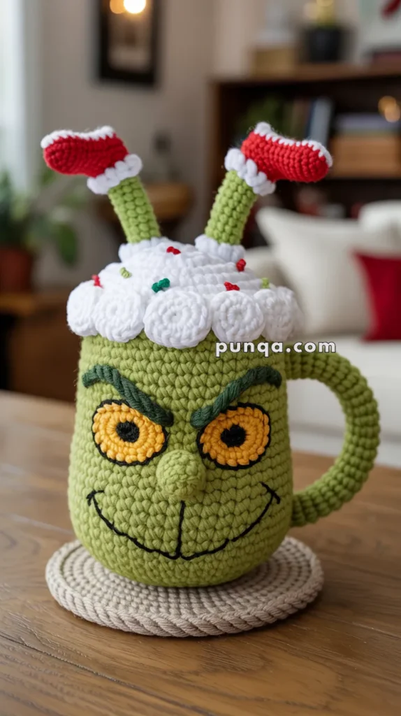 A knitted mug cozy resembling a green character with yellow eyes and a mischievous grin, featuring a fluffy white top with red decorations and two red and white striped socks sticking out.