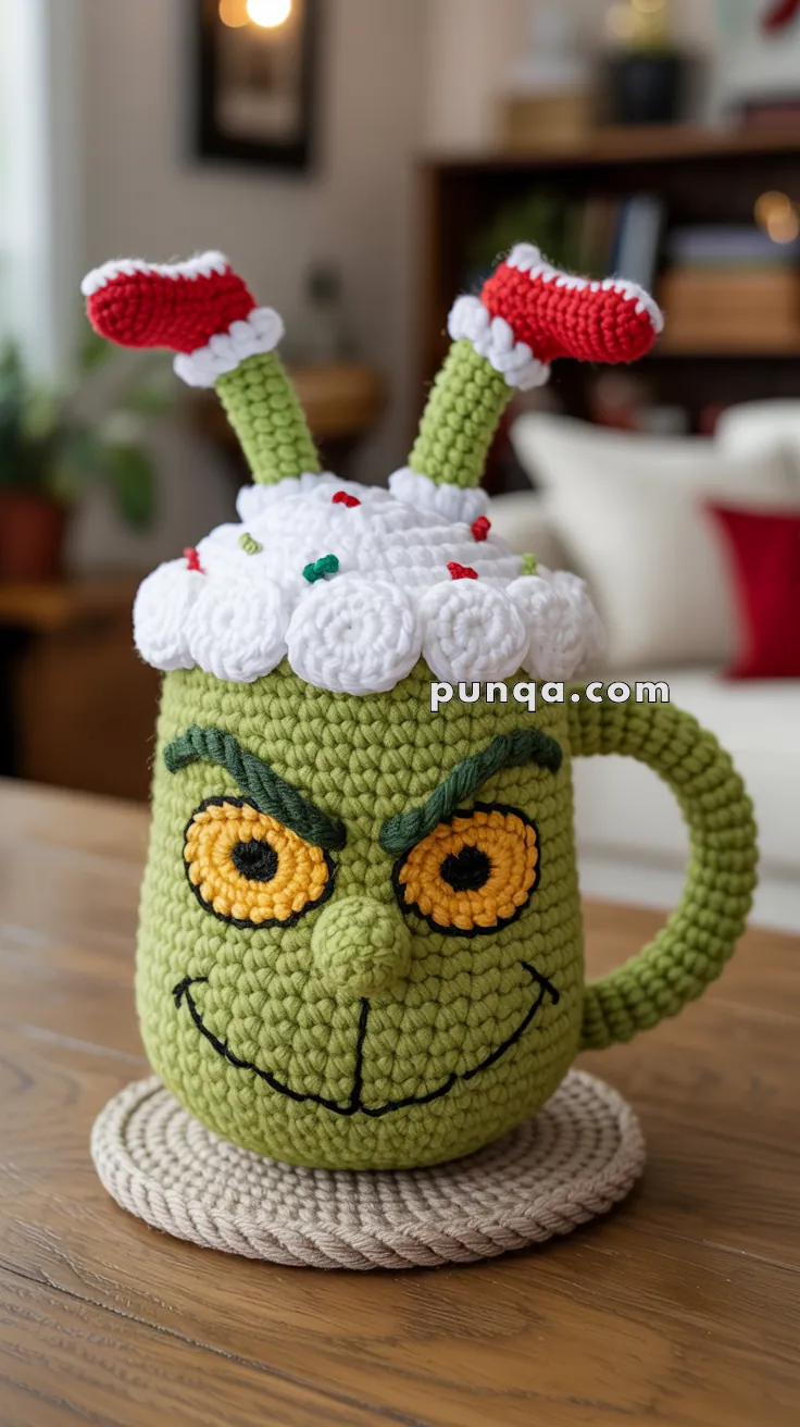 A knitted mug cozy resembling a green character with yellow eyes and a mischievous grin, featuring a fluffy white top with red decorations and two red and white striped socks sticking out.
