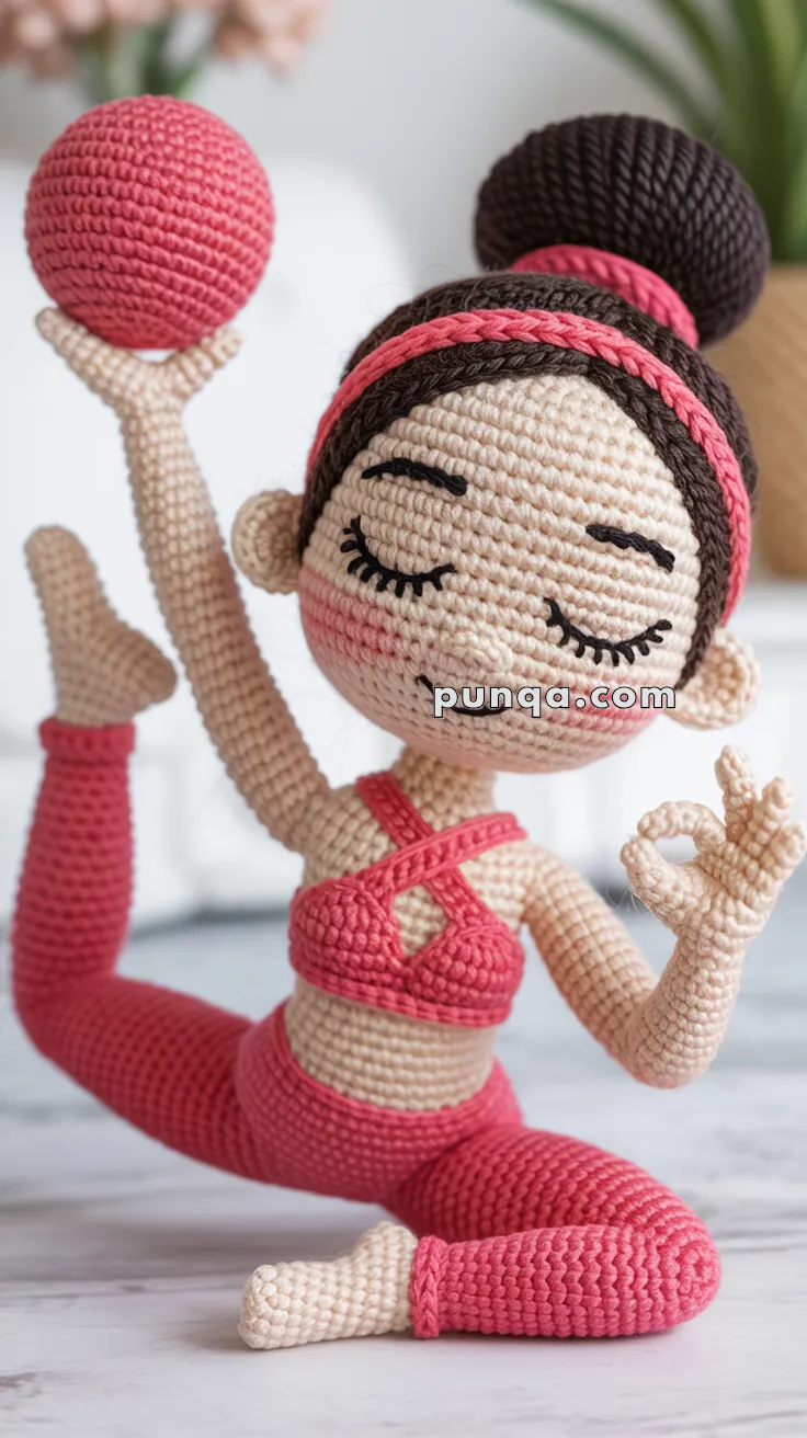 Crocheted doll in a yoga pose, wearing a pink outfit and headband, with a bun hairstyle, holding a pink ball and making an 'okay' gesture.