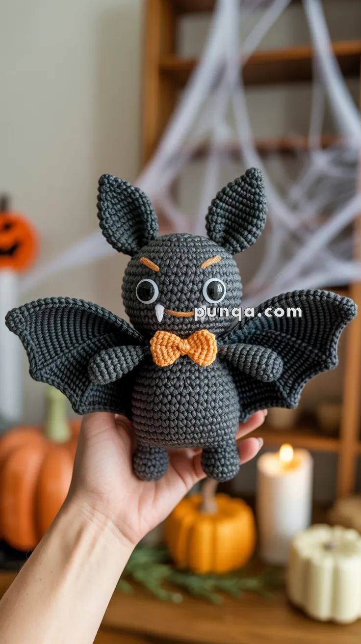 A handmade crocheted toy bat with large ears, a friendly expression, and an orange bow tie, held against a backdrop of a Halloween-themed room with pumpkins and candles.