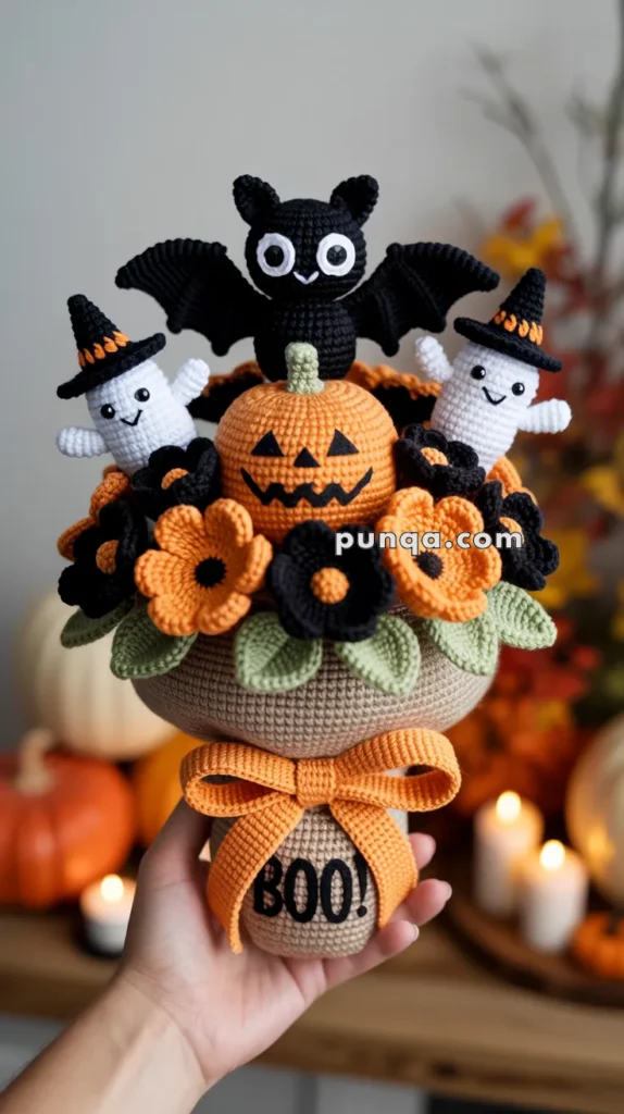 A crocheted Halloween-themed bouquet featuring a black bat, two white ghosts with witch hats, an orange jack-o'-lantern, and black and orange flowers, held together with a ribbon labeled 'BOO!'