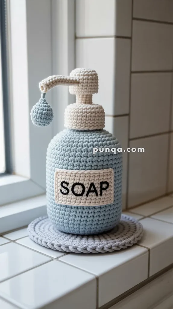 A crocheted soap dispenser bottle on a tiled bathroom countertop, featuring shades of cream and blue yarn, with the word 'SOAP' stitched on the front.