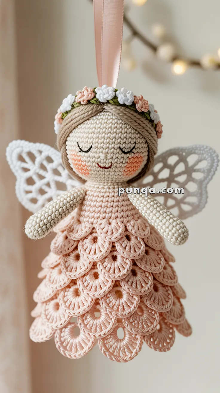 A crocheted angel doll with a floral headband, pink scalloped dress, and white wings, hanging by a ribbon.