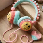 Crochet headphones with multicolored yarn featuring smiling faces on the ear covers, decorated with pom-poms along the headband, and a pink and blue heart at the end of the cord, placed on a wooden surface.