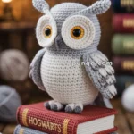 A crocheted owl with large, expressive eyes, sitting on two stacked books labeled "Hogwarts," placed on a wooden surface. Yarn and a softly lit lamp are visible in the background.