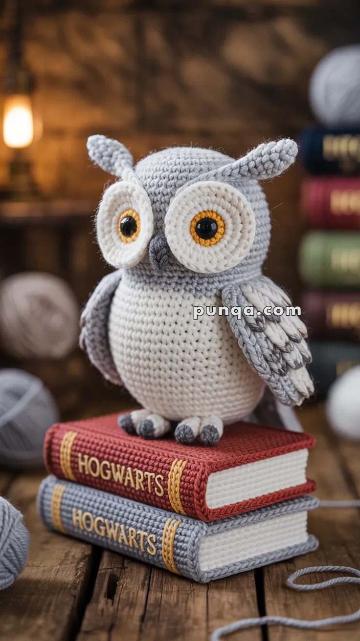 A crocheted owl with large, expressive eyes, sitting on two stacked books labeled "Hogwarts," placed on a wooden surface. Yarn and a softly lit lamp are visible in the background.