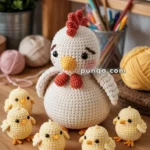A crocheted plush hen with red comb and wattles surrounded by five small yellow chick plushies on a wooden table, with yarn balls and a plant in the background.