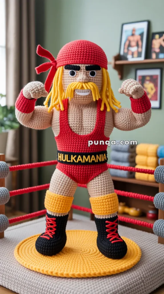 Crocheted doll resembling a wrestler, wearing a red bandana, yellow mustache, red and yellow wrestling attire with "HULKAMANIA" across the waist, standing in a miniature wrestling ring.