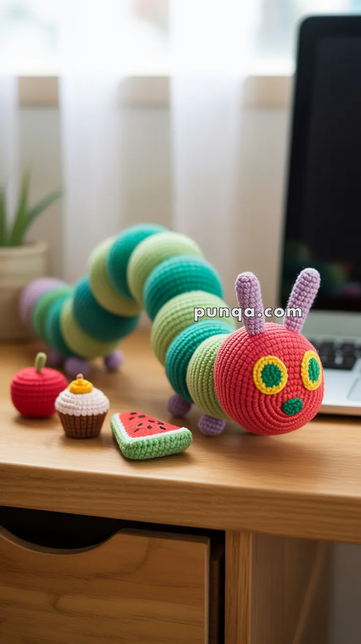 A crocheted caterpillar toy with vibrant colors of red, green, and purple is displayed on a wooden desk. Surrounding it are crocheted items resembling an apple, a cupcake, and a slice of watermelon. A laptop and a potted plant can be seen in the background.