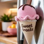 A crocheted ice cream cone with a pink scoop and chocolate topping decorates a refrigerator, featuring the words 'Sweet treats' embroidered on the cone.
