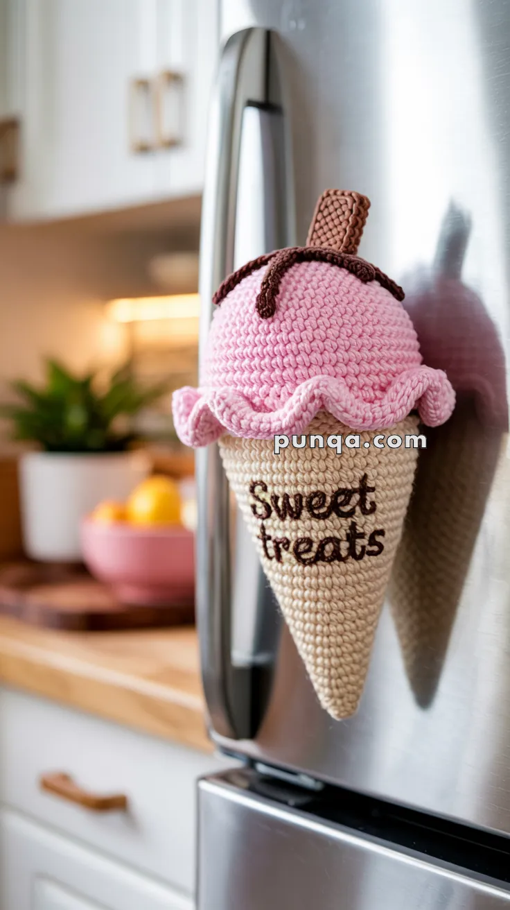 A crocheted ice cream cone with a pink scoop and chocolate topping decorates a refrigerator, featuring the words 'Sweet treats' embroidered on the cone.