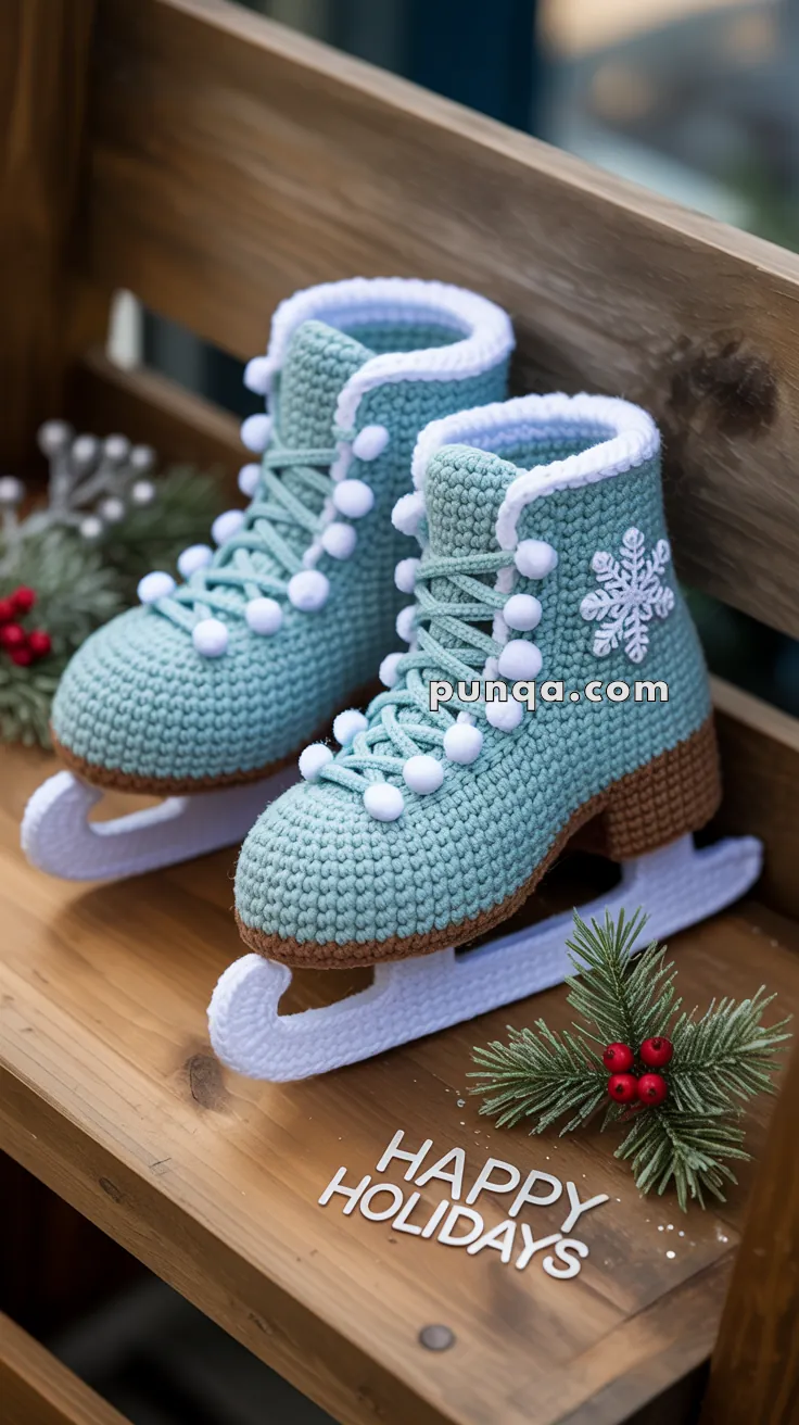 A pair of crocheted ice skates with light blue boots, white laces, and a snowflake motif, displayed on a wooden surface with a festive pine sprig and the words 'Happy Holidays.'