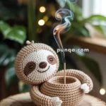 A crochet sloth holding a small bowl with an incense stick burning in it, placed on a wooden stump with plants in the background.