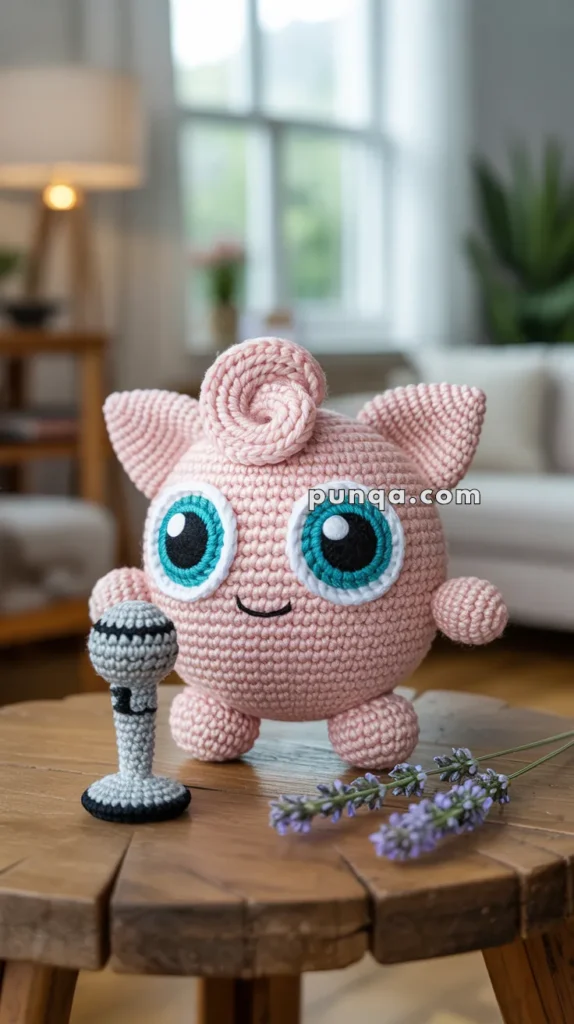 A crocheted pink toy character with large blue eyes and curly pink hair, holding a crocheted microphone, is placed on a wooden table with a lavender sprig in a cozy living room setting.