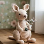 A handmade crochet kangaroo toy sitting on a wooden table, holding a small eucalyptus leaf in its pouch, with a floral-patterned background.