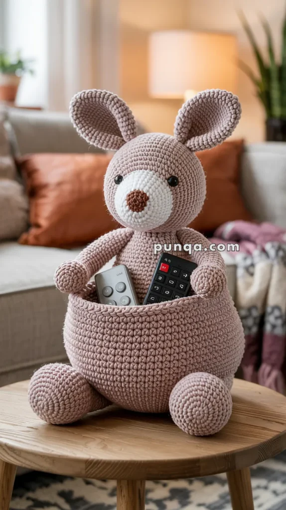 A crocheted kangaroo toy sitting on a wooden table, holding two remote controls in its pouch, with a cozy living room setting in the background.