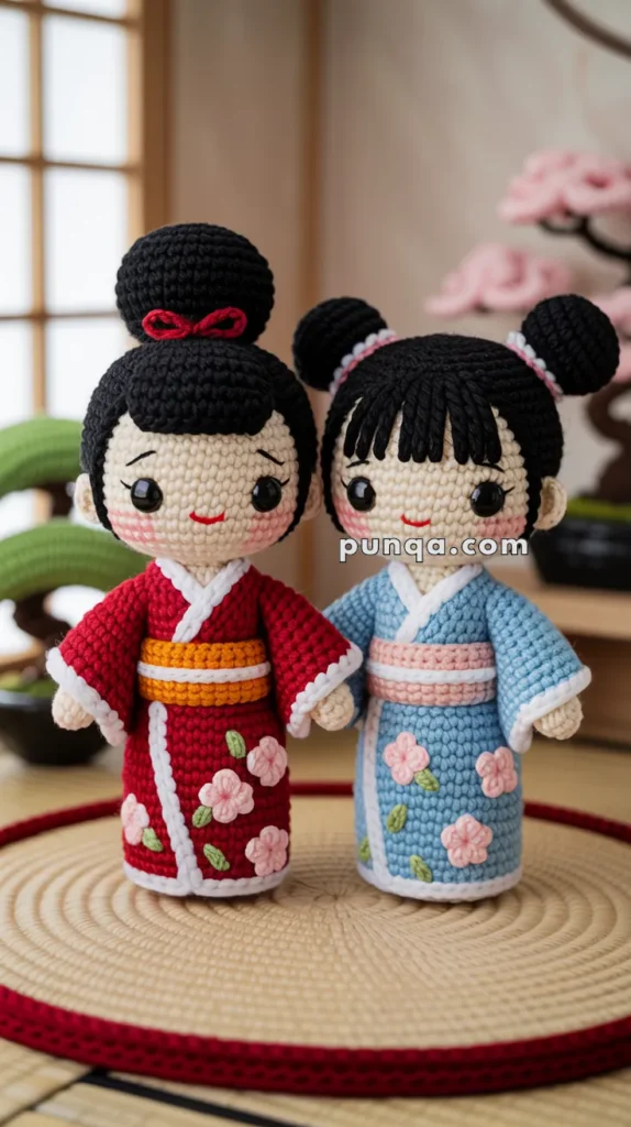 Two crocheted dolls in traditional Japanese kimonos, one red and one blue, with floral patterns, standing on a woven mat in a room with sliding shoji doors.