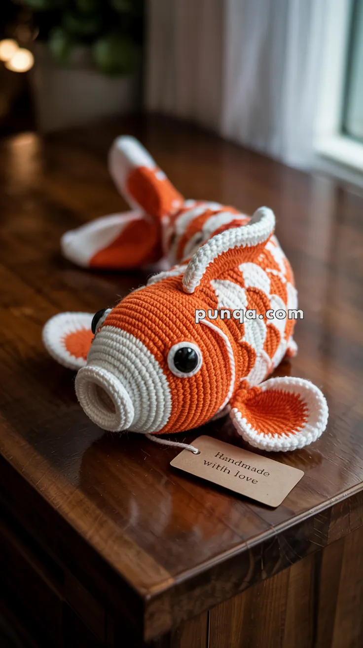 A crocheted orange and white koi fish toy with black eyes, placed on a wooden surface. A tag reading "Handmade with love" is attached to the toy.