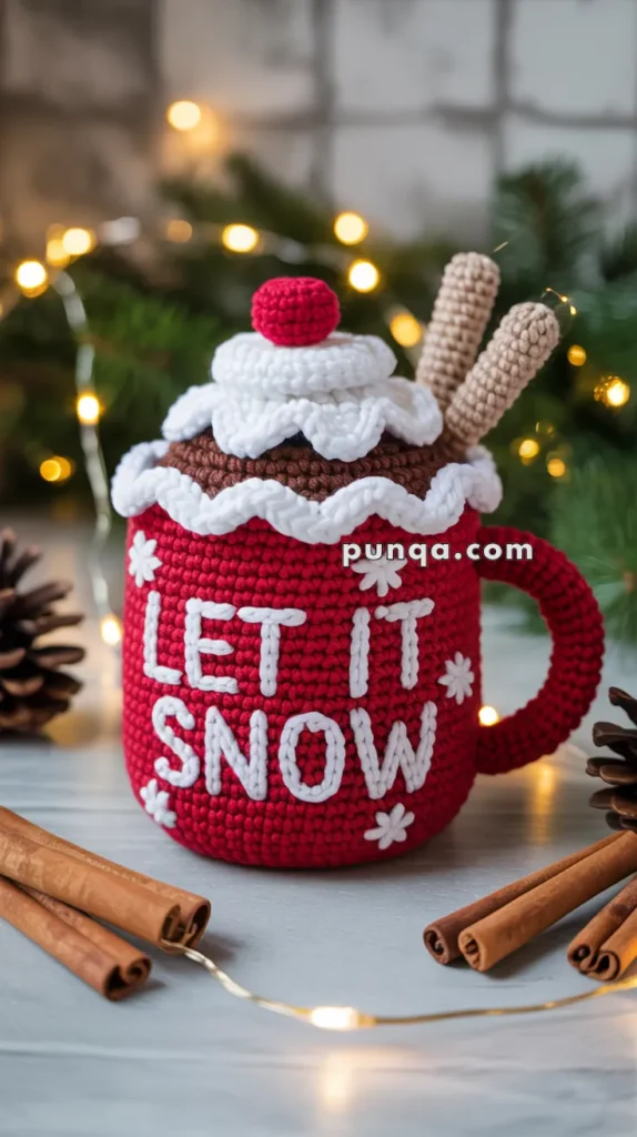 A crocheted red mug with the text 'LET IT SNOW' in white, decorated with a white trim, a red pom-pom, and two beige sticks, set on a festive background with pinecones and string lights.