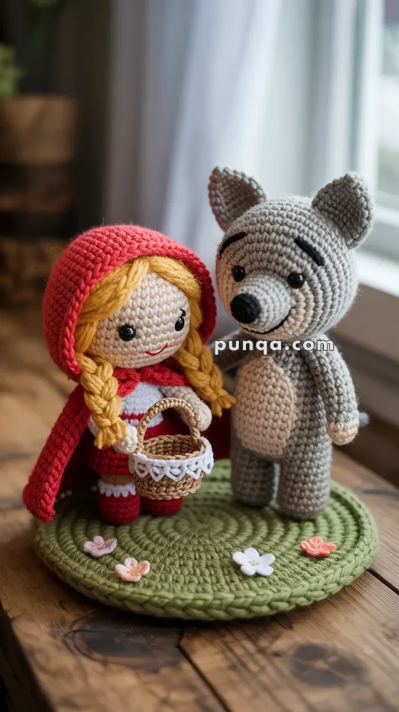 Amigurumi figures of Little Red Riding Hood with a red hood and a basket and a gray wolf stand on a circular green crochet mat with flower details.