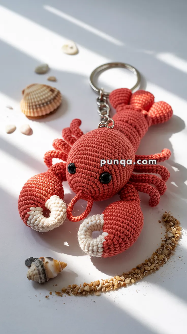 A crocheted lobster keychain with large black eyes and detailed claws, surrounded by small seashells and sand on a white surface.