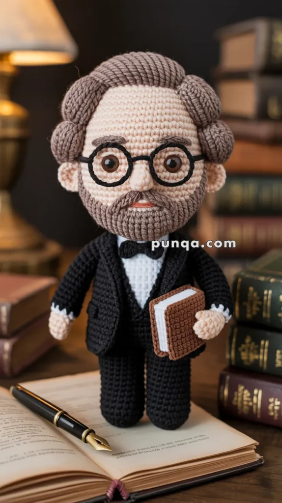 Crocheted Machado de Assis doll wearing glasses and a suit holding a book, placed on an open book with a pen, surrounded by more books and a lamp in the background.
