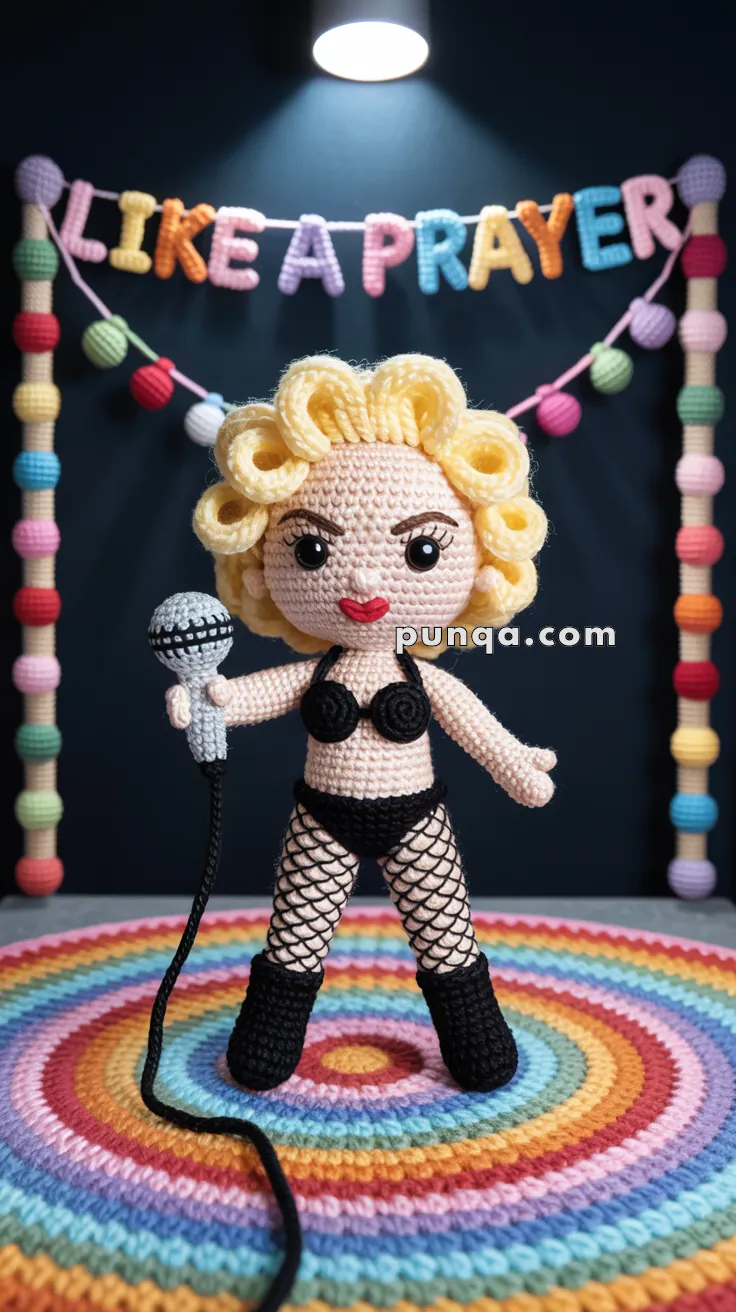 A crochet doll with blonde curly hair, wearing a black outfit with fishnet stockings, holds a microphone while standing on a rainbow-colored rug. The background features colorful letters spelling 'LIKE A PRAYER' and a string of crochet balls.