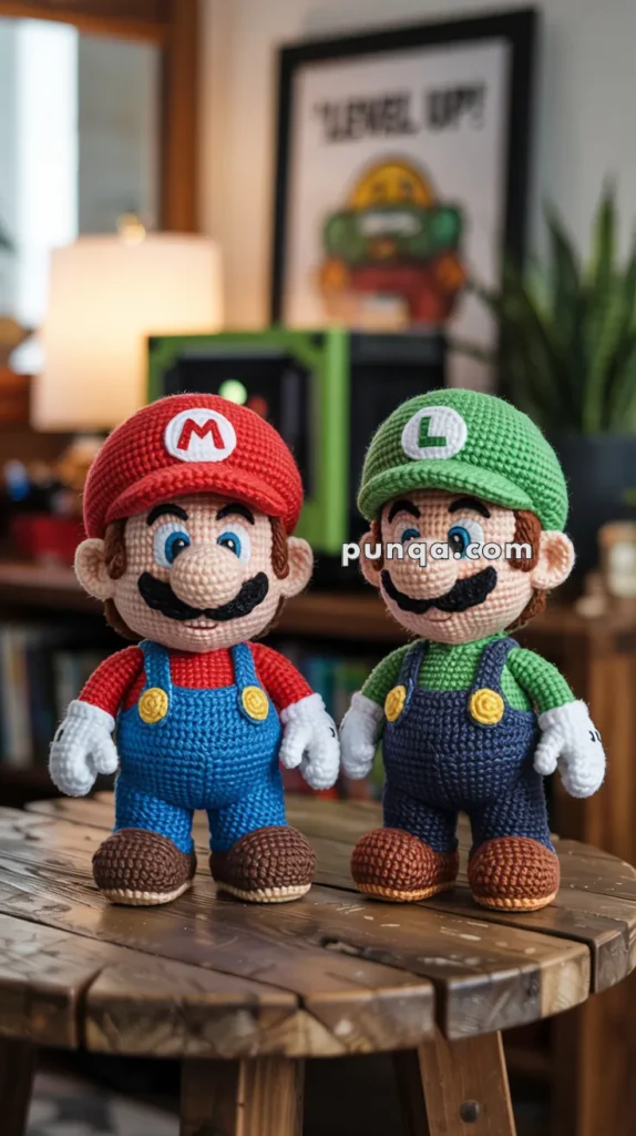 Two crochet dolls resembling iconic video game characters, one dressed in red with an 'M' on the cap and the other in green with an 'L', standing on a wooden table.