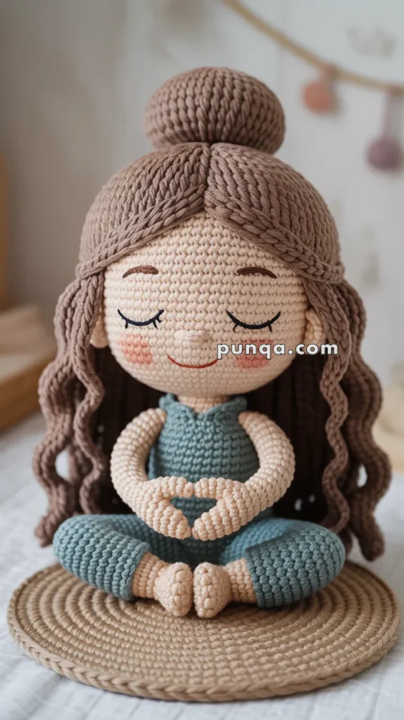 A crochet doll with brown hair and a bun, seated cross-legged on a round mat, wearing a blue outfit and making a heart shape with its hands.