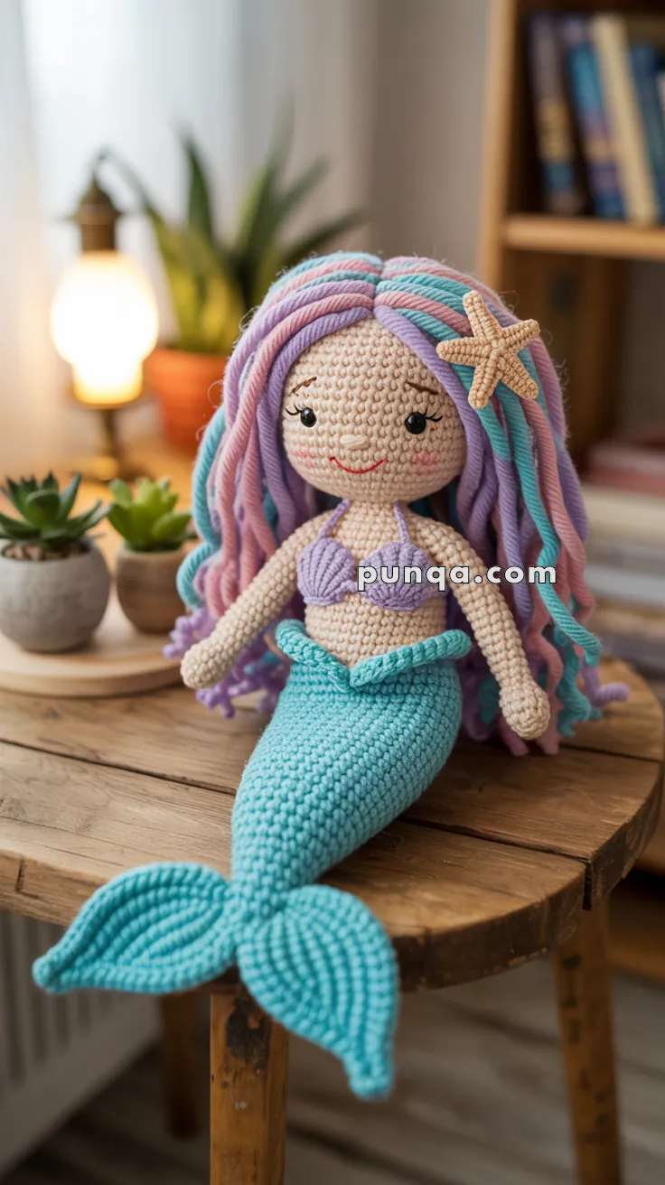 A crocheted mermaid doll with pastel purple and blue hair, wearing a purple top and turquoise tail with a starfish attached to the hair, sitting on a wooden table near small potted plants and a lit lamp.