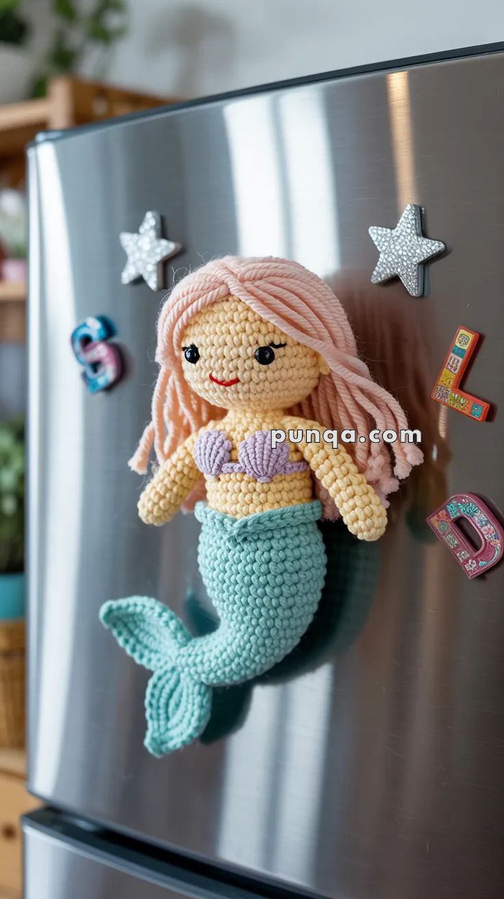 Crocheted mermaid magnet with pink hair and a lavender top attached to a silver refrigerator door, surrounded by star-shaped and letter magnets.