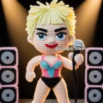 A crocheted doll with short blonde hair, holding a microphone, and standing on a stage with a banner reading 'Wrecking Ball' above. The doll is dressed in a colorful outfit, in front of a background that includes crocheted speakers.