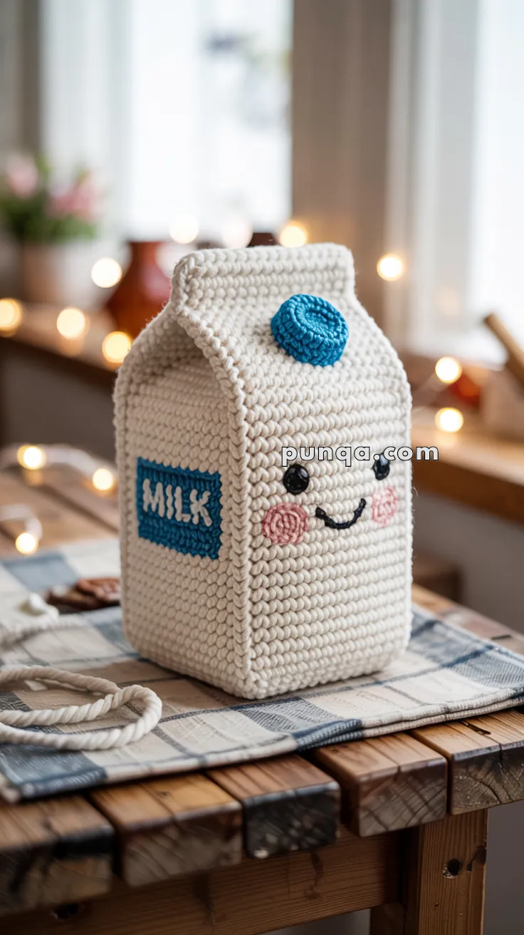 A crocheted milk carton with a smiling face, featuring blushing cheeks and a blue "MILK" label, sitting on a wooden table with a cozy, softly lit background.