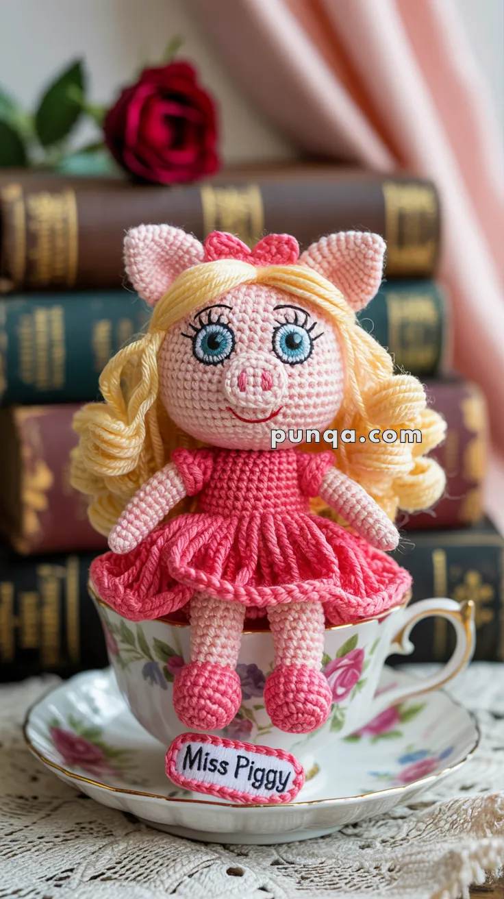 A crocheted doll resembling a pig with blonde hair and a pink dress, sitting in a floral teacup labeled "Miss Piggy" in front of a stack of books, with a red rose in the background.