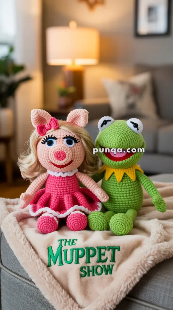 Crocheted dolls of a pig and a frog sitting on a blanket with "The Muppet Show" embroidered on it, set in a warm, cozy room with a lamp in the background.