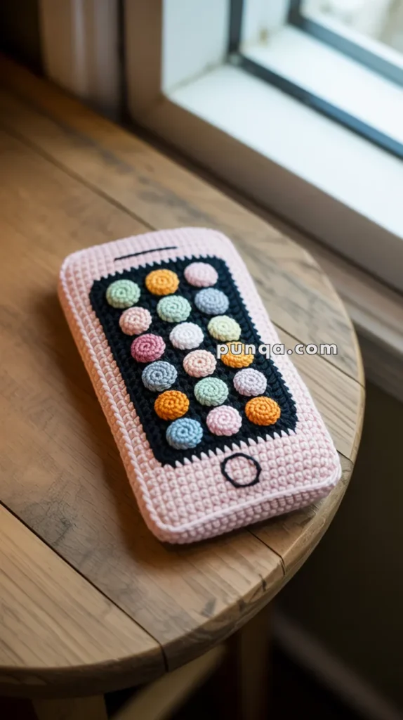 A crochet phone case designed to look like a smartphone, featuring colorful crochet app icons on a black screen background, set on a wooden table by a window.