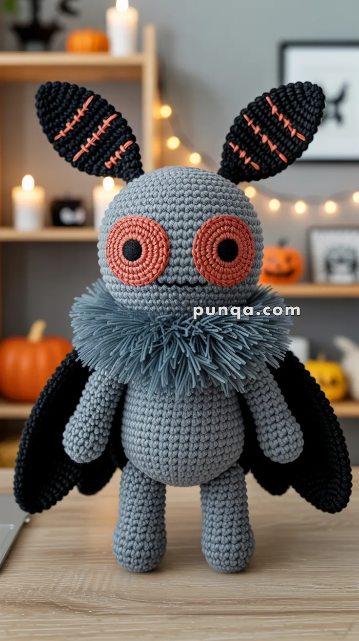 A crocheted plush toy resembling a moth with large orange eyes, black wings, and segmented ears, standing on a wooden surface with Halloween decorations in the background.