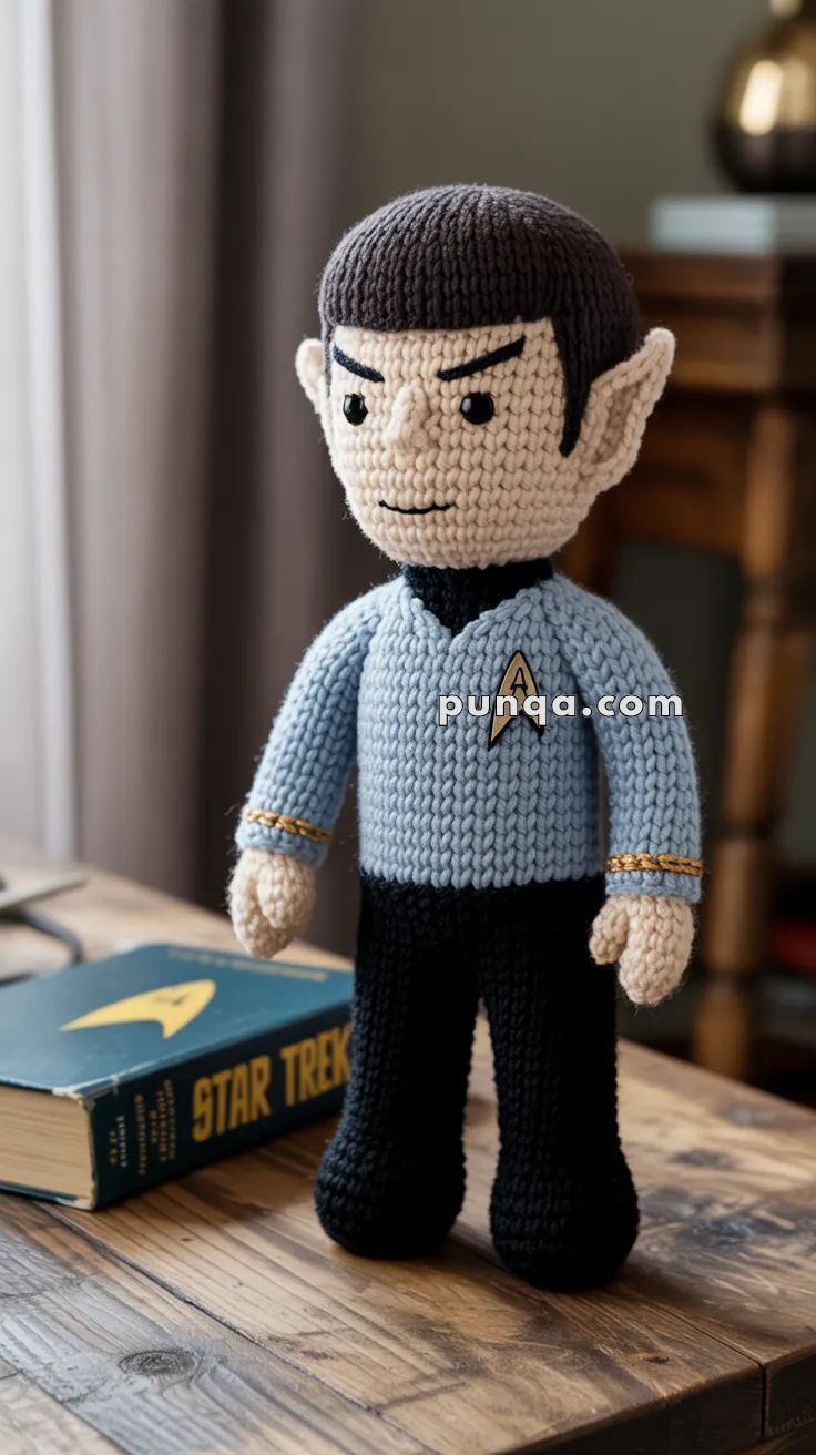 A crocheted doll resembling a well-known science fiction character, dressed in a blue uniform with a gold insignia, stands on a wooden table next to a book titled "Star Trek."