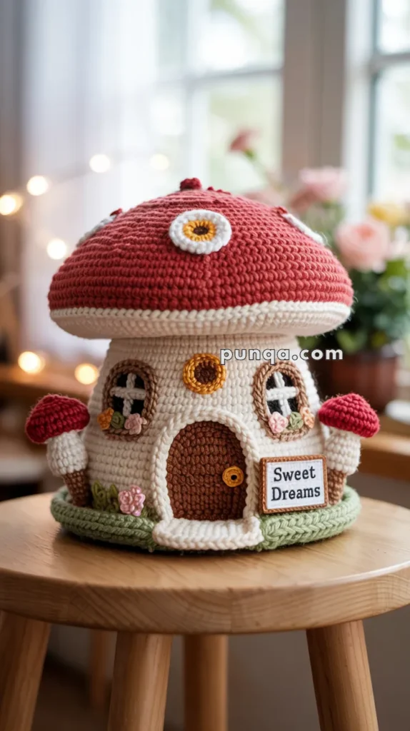 A crocheted mushroom house with a red cap, white windows, a brown door, and a "Sweet Dreams" sign, set on a wooden stool against a blurred background with flowers and fairy lights.