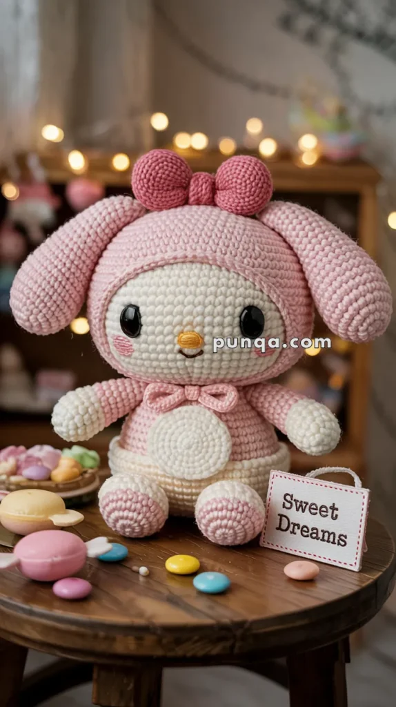 A cute crocheted toy resembling a pink bunny with big black eyes and rosy cheeks sits on a wooden table next to a sign that reads 'Sweet Dreams.' Brightly colored candies are scattered around the toy.
