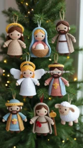 Handcrafted crochet Christmas ornaments depicting a nativity scene with various figures, including an angel, shepherd, and sheep, hanging on a Christmas tree with twinkling lights.